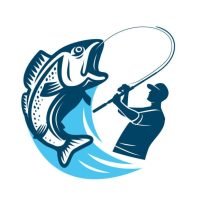 Fisherman catching big fish emblem. Sport fishing, outdoor activities logo or badge. Vector illustration symbol